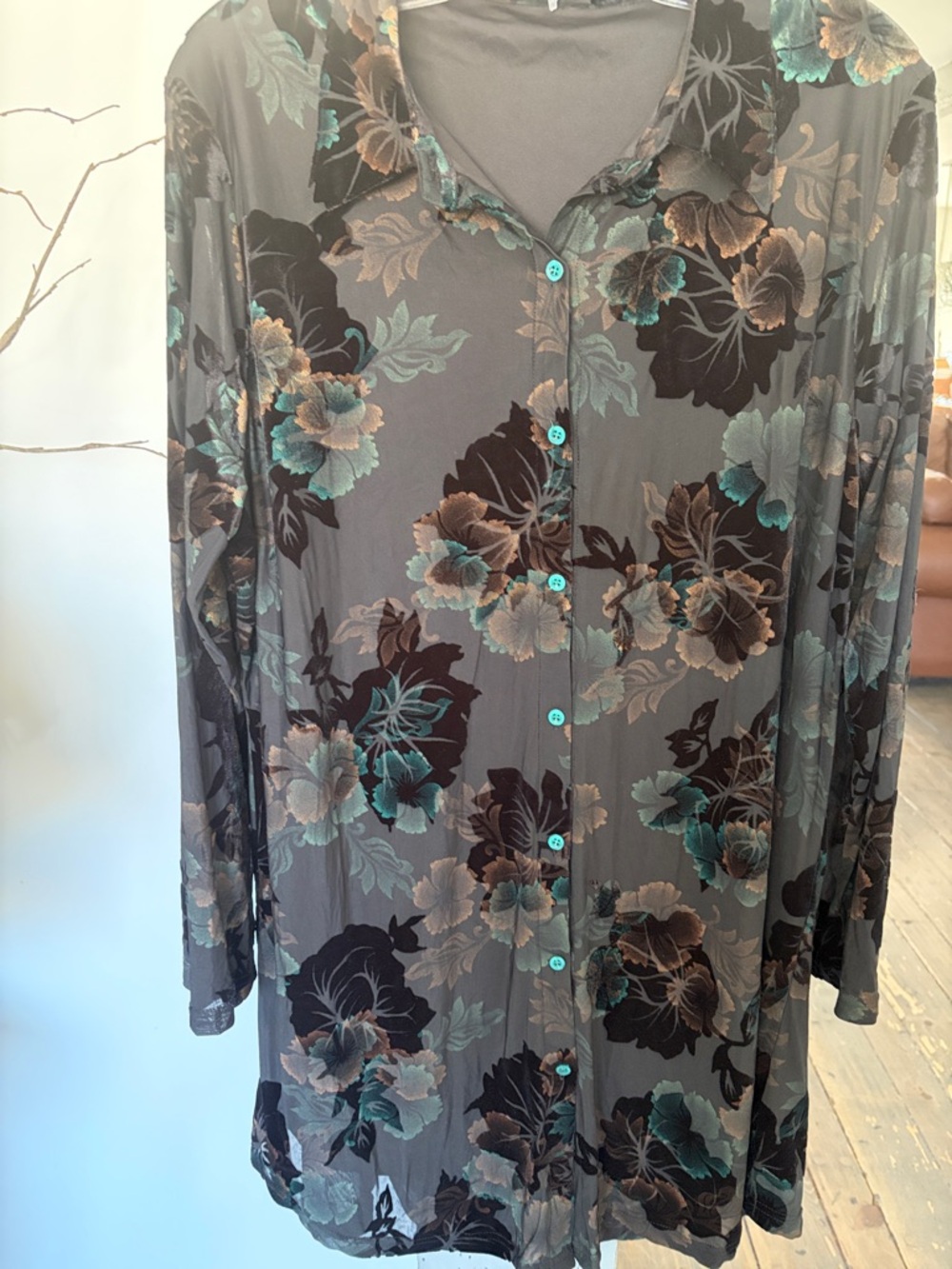 Floral Button-Front Longline Dress - Gray with Teal & Brown Floral